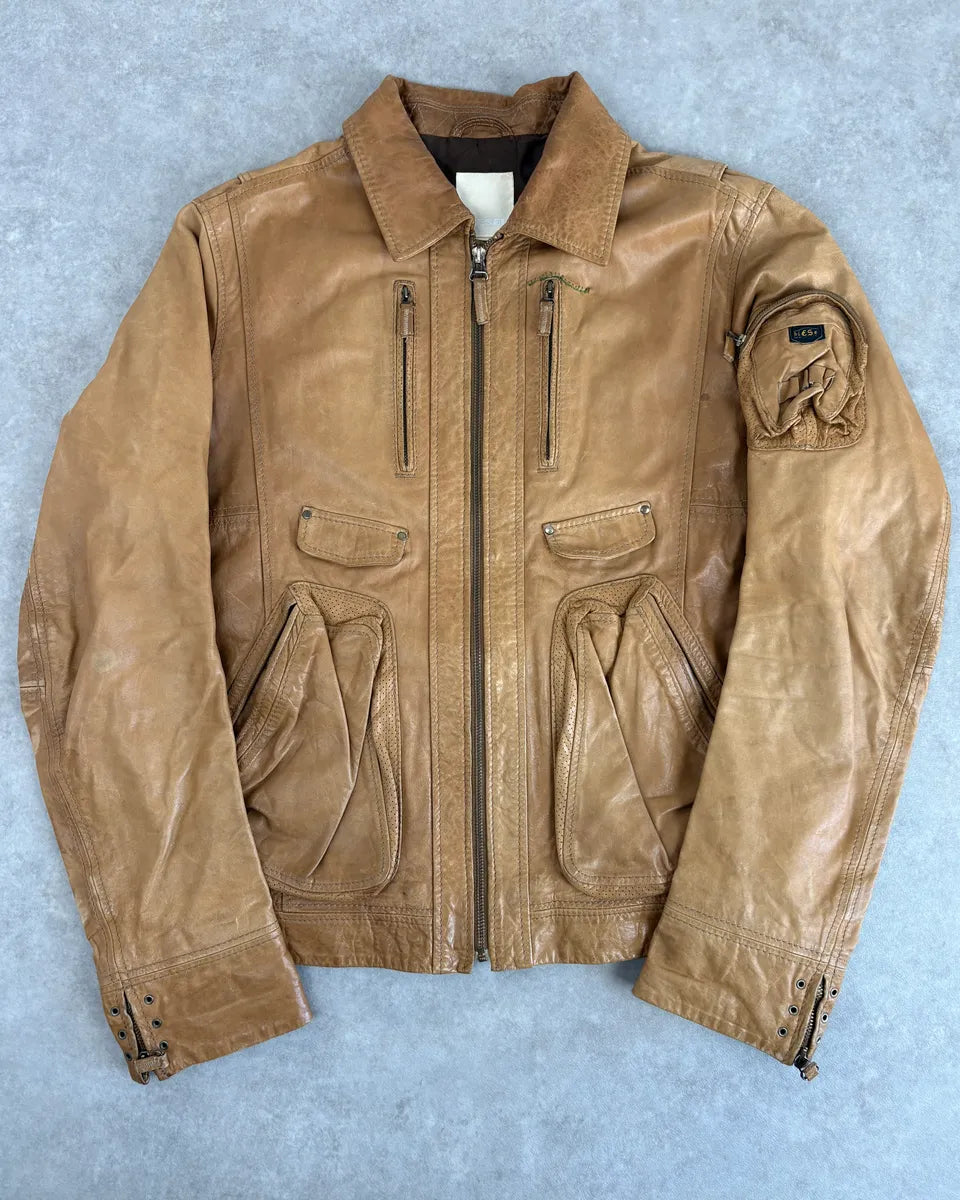 2000s Diesel Camel Leather Multi-Pocket Leather Jacket YKOhOHt 2