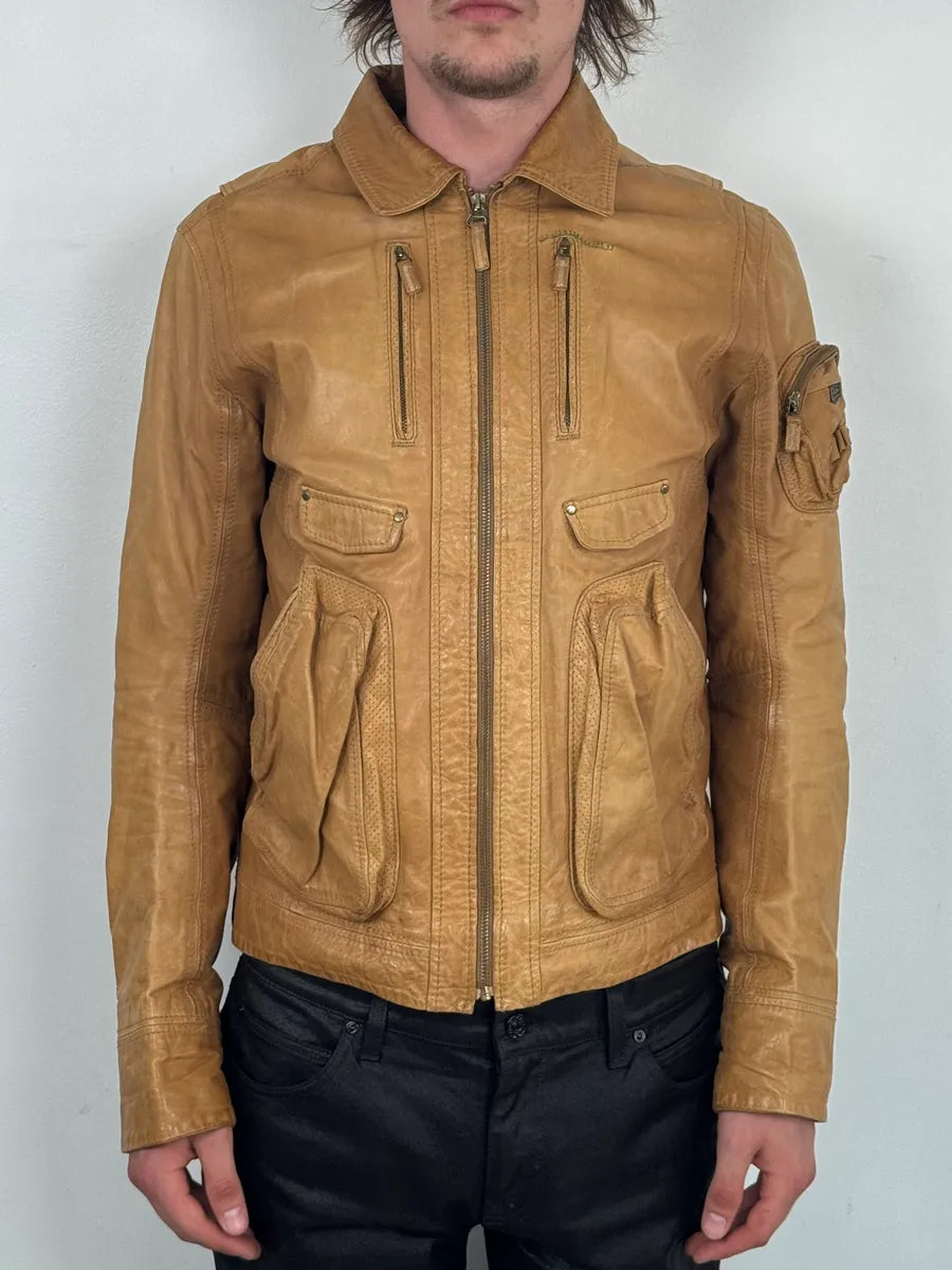 2000s Diesel Camel Leather Multi-Pocket Leather Jacket YKOhOHt 0