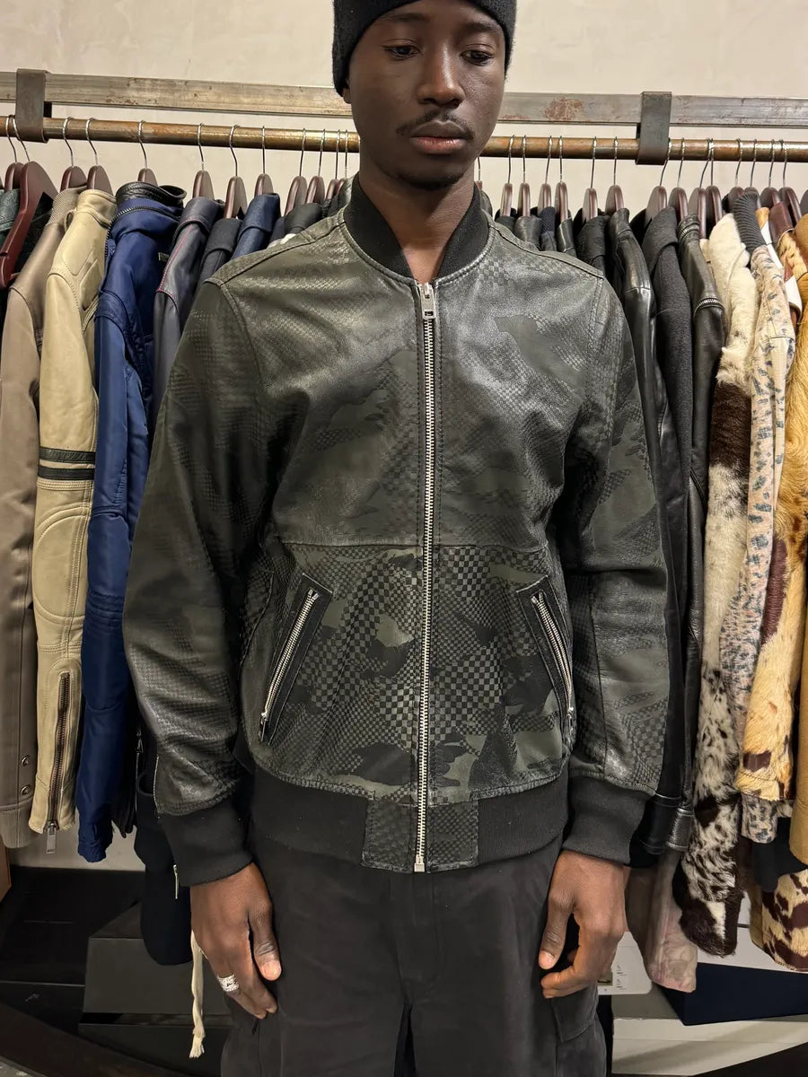 2000s Diesel Camo Square Black Leather Bomber Jacket YprRqWN 0
