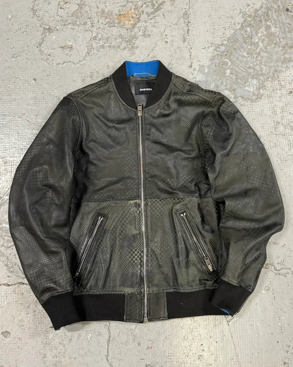 2000s Diesel Camo Square Black Leather Bomber Jacket YprRqWN 0