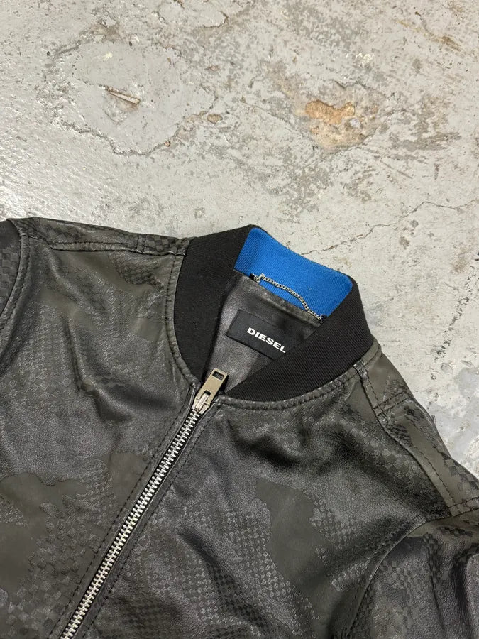 2000s Diesel Camo Square Black Leather Bomber Jacket YprRqWN 3