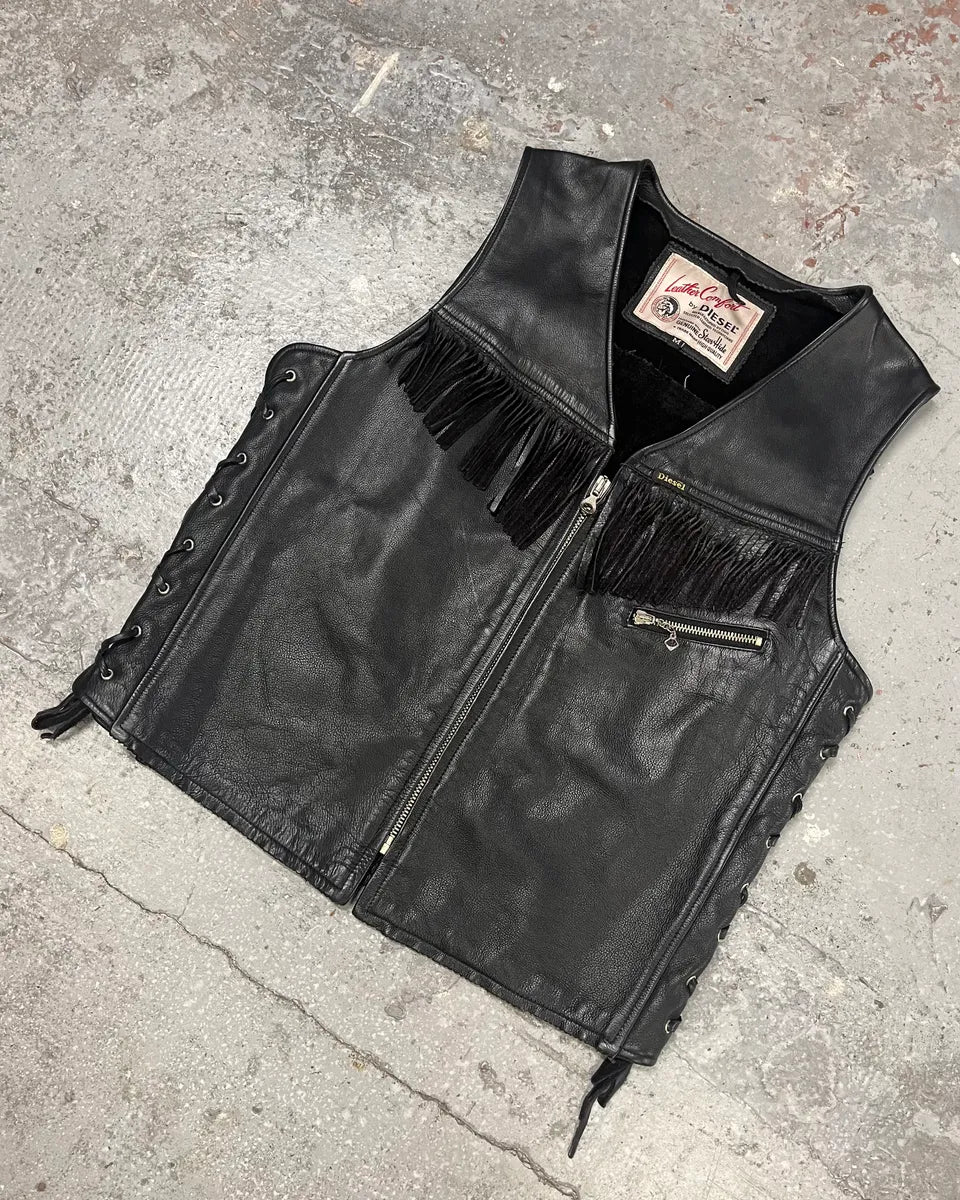 2000s Diesel Cowboy Black Leather Fringe Vest (M/L) 3