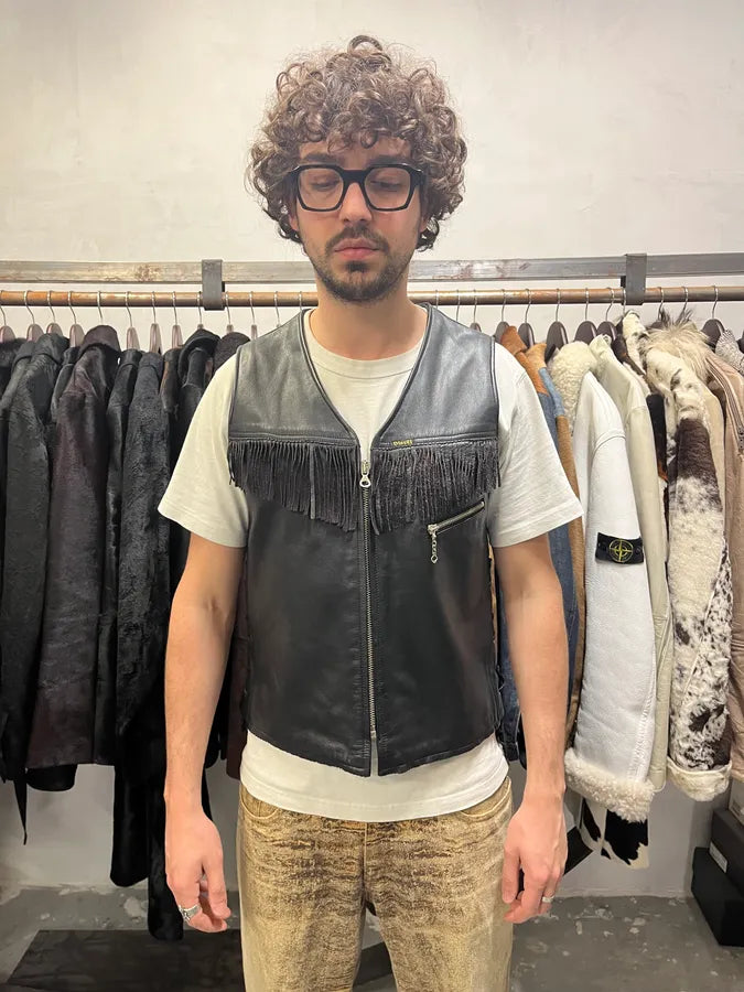 2000s Diesel Cowboy Black Leather Fringe Vest (M/L) 4