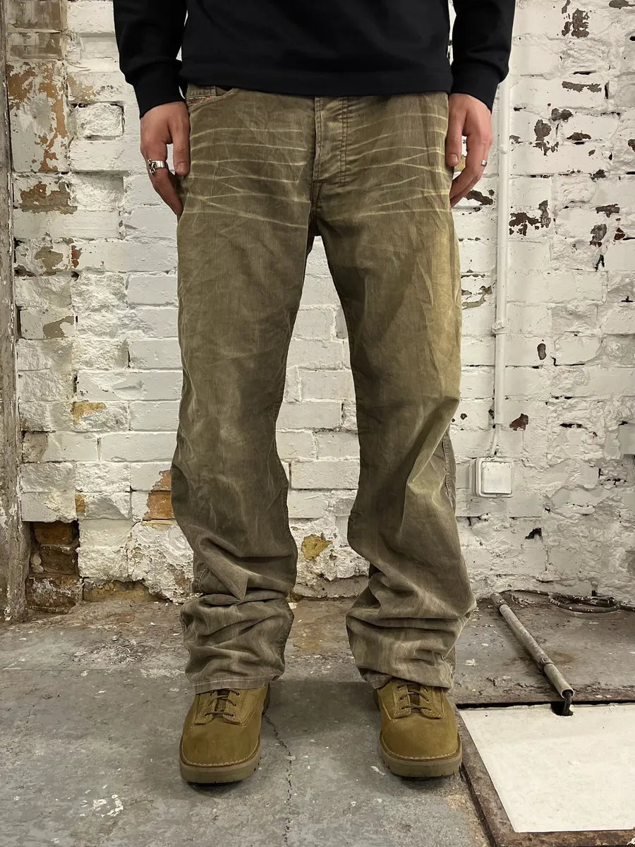 2000s Diesel Eroded Beige Velvet Relaxed Pants RsmeZRa 0