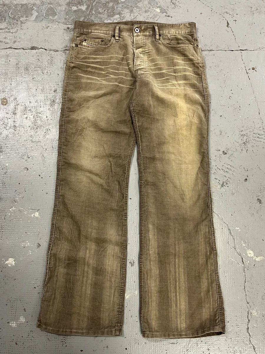 2000s Diesel Eroded Beige Velvet Relaxed Pants RsmeZRa 4