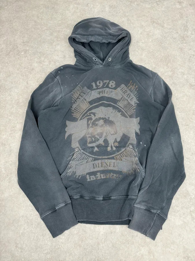 2000s Diesel Faded Grey Graphic Hoodie rnnYKUo 0