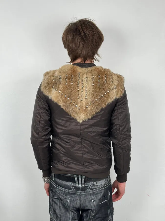 2000s Diesel Fur Studded Shoulders Brown Puffer Jacket eoFDVZA 2