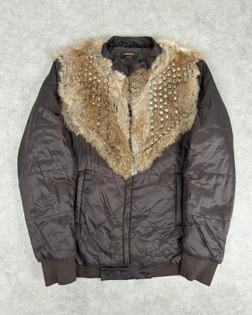 2000s Diesel Fur Studded Shoulders Brown Puffer Jacket eoFDVZA 0