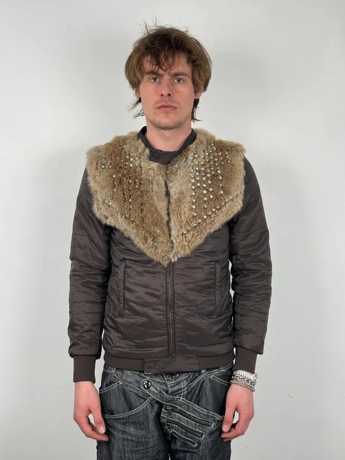 2000s Diesel Fur Studded Shoulders Brown Puffer Jacket eoFDVZA 1
