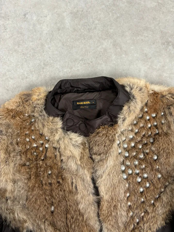 2000s Diesel Fur Studded Shoulders Brown Puffer Jacket eoFDVZA 3