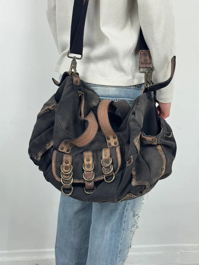 Diesel Grey & Brown Studded Cotton Army Shoulder Bag zhxWJxi 1