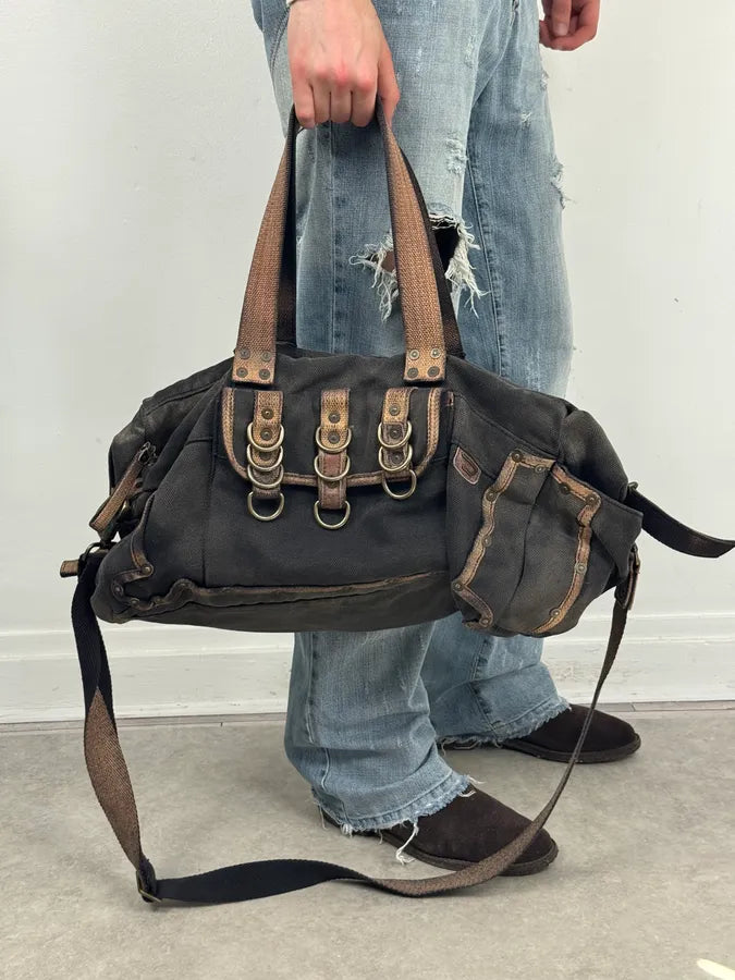 Diesel Grey & Brown Studded Cotton Army Shoulder Bag zhxWJxi 2