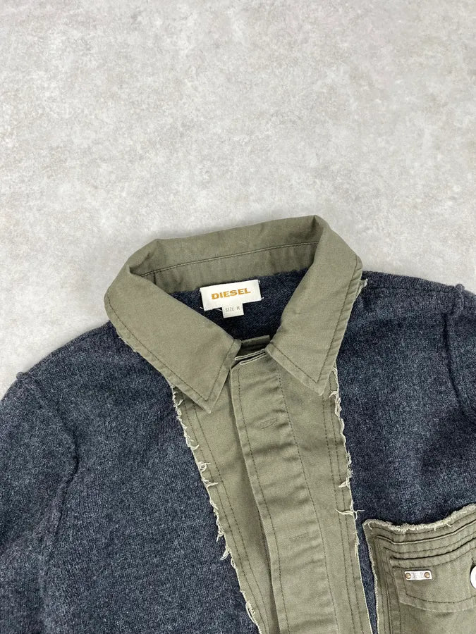 2000s Diesel Khaki Patchwork Grey Wool Polo Sweater CEJUIyN 5