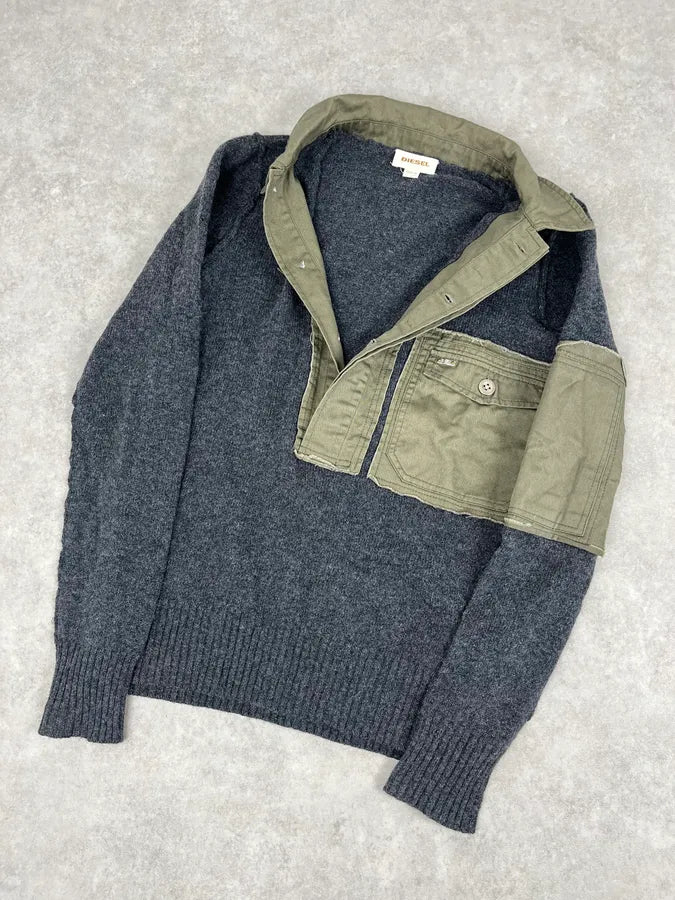 2000s Diesel Khaki Patchwork Grey Wool Polo Sweater CEJUIyN 4