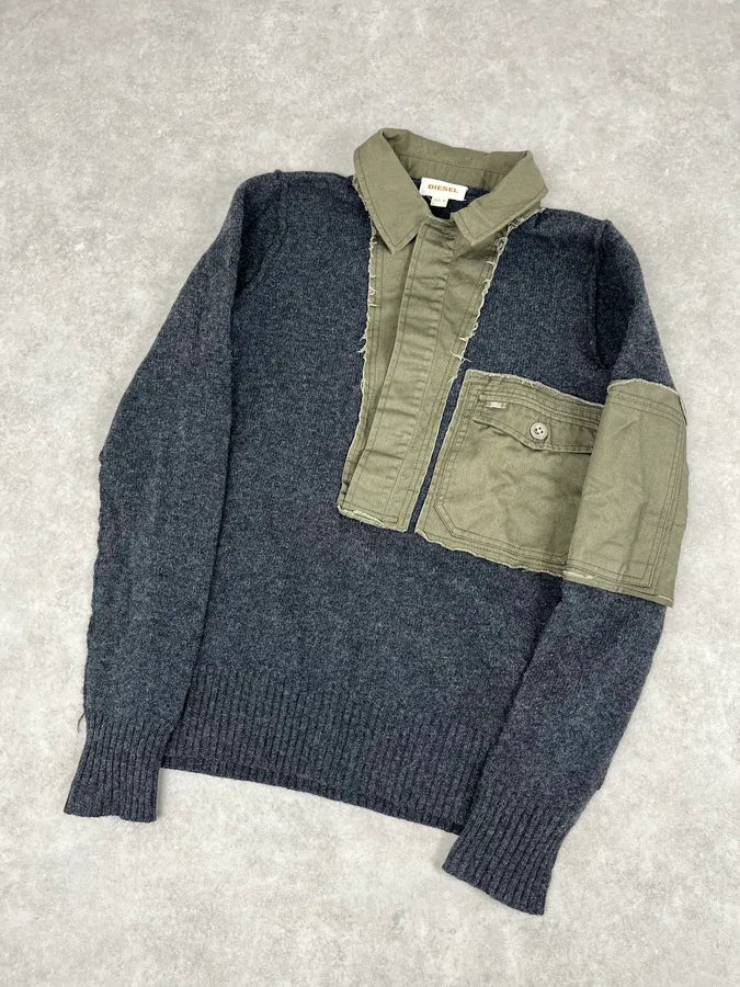 2000s Diesel Khaki Patchwork Grey Wool Polo Sweater CEJUIyN 3