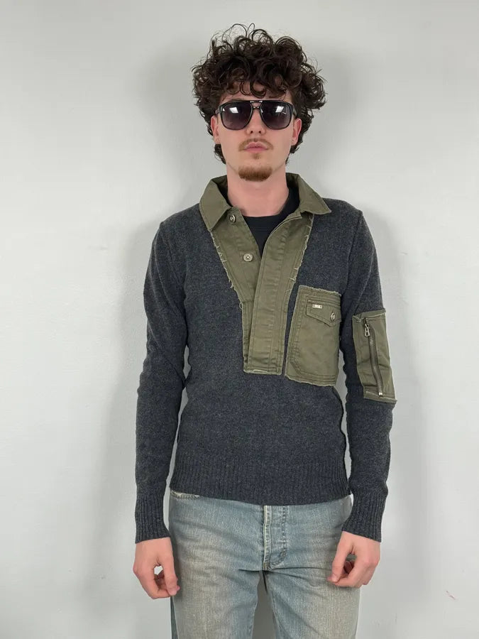 2000s Diesel Khaki Patchwork Grey Wool Polo Sweater CEJUIyN 1