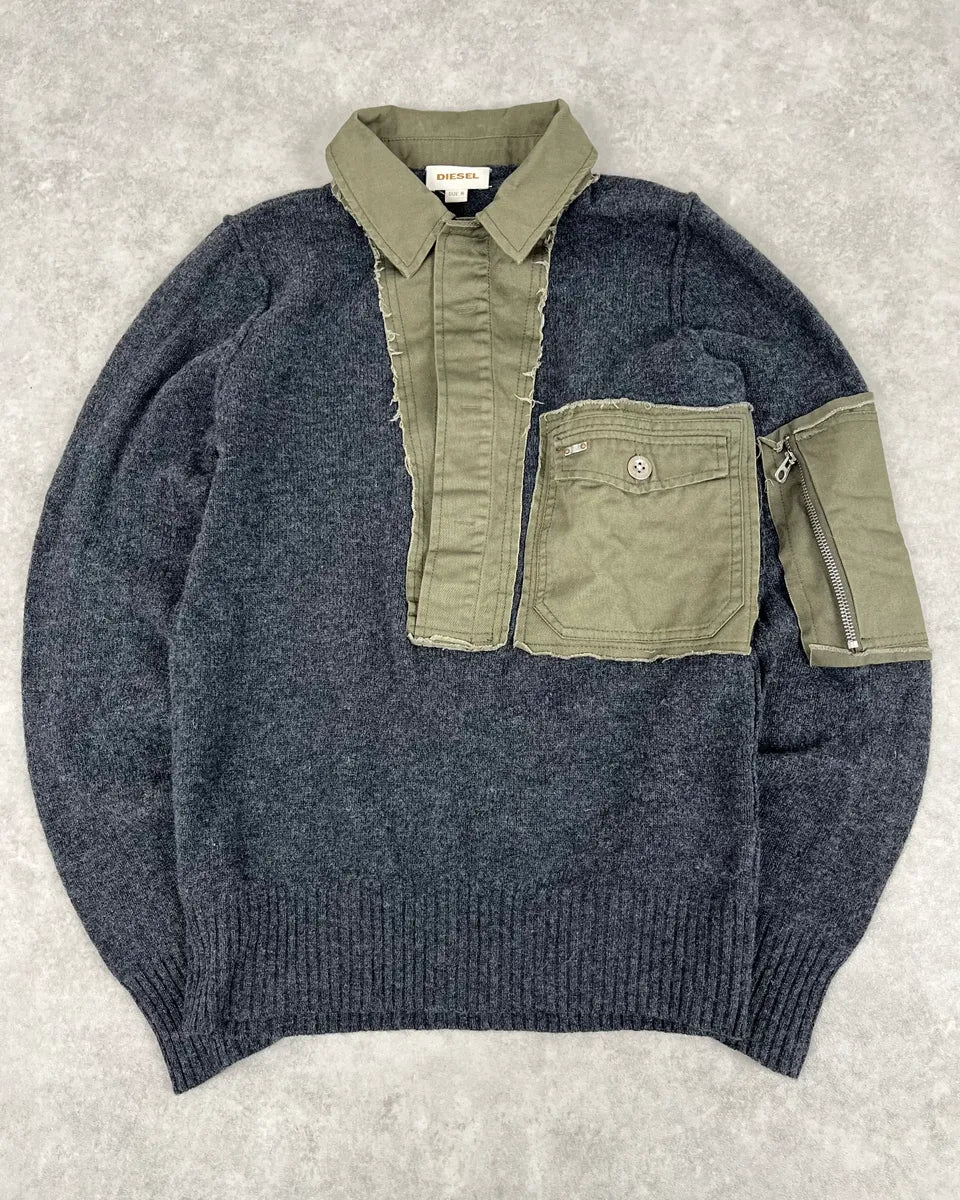 2000s Diesel Khaki Patchwork Grey Wool Polo Sweater CEJUIyN 0