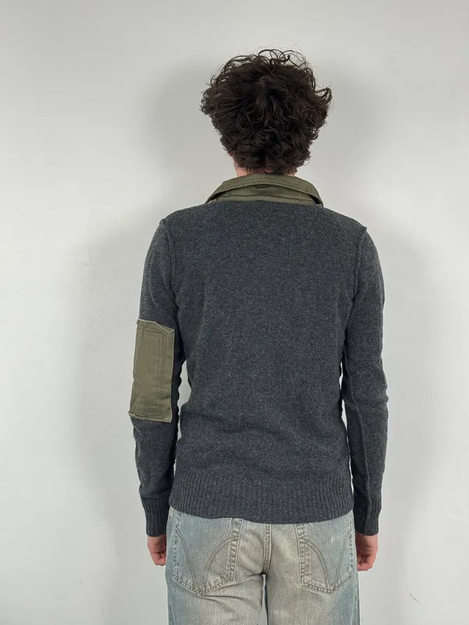 2000s Diesel Khaki Patchwork Grey Wool Polo Sweater CEJUIyN 2