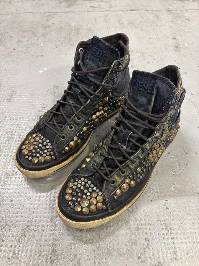 2000s Diesel Navy Denim Studded High Sneakers DwiHYDu 2