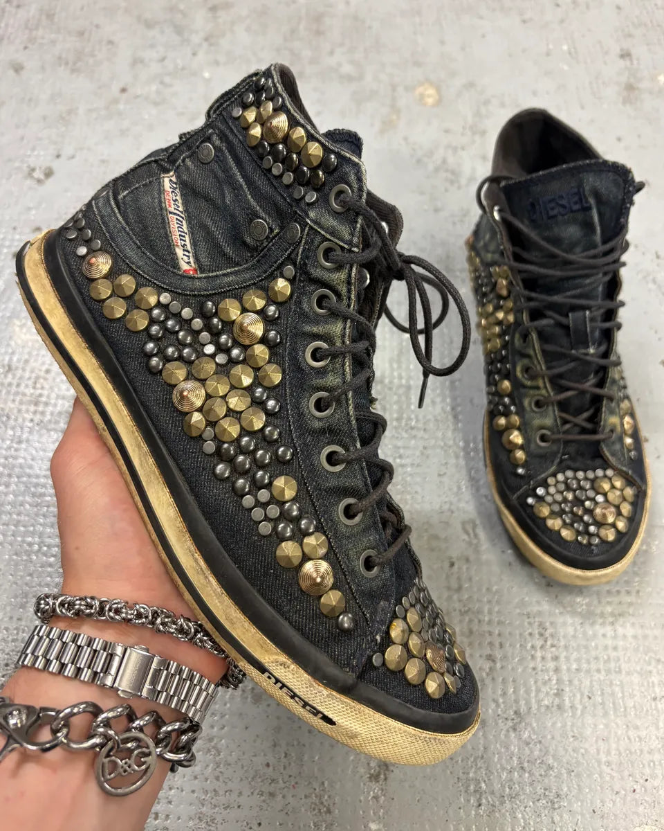 2000s Diesel Navy Denim Studded High Sneakers DwiHYDu 0