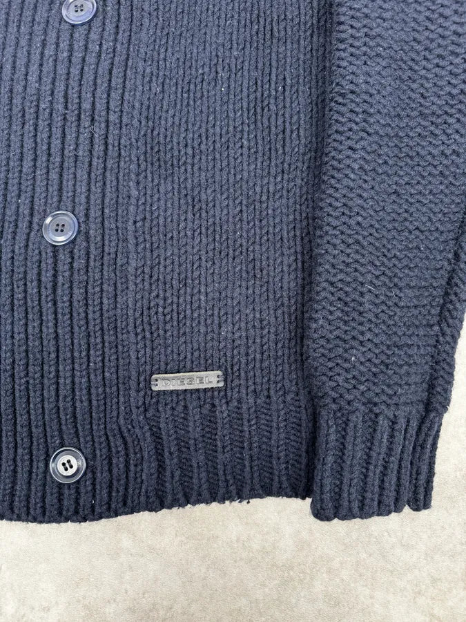 2000s Diesel Navy Wool Buttoned Officer Hooded Sweater DuGAJkR 7
