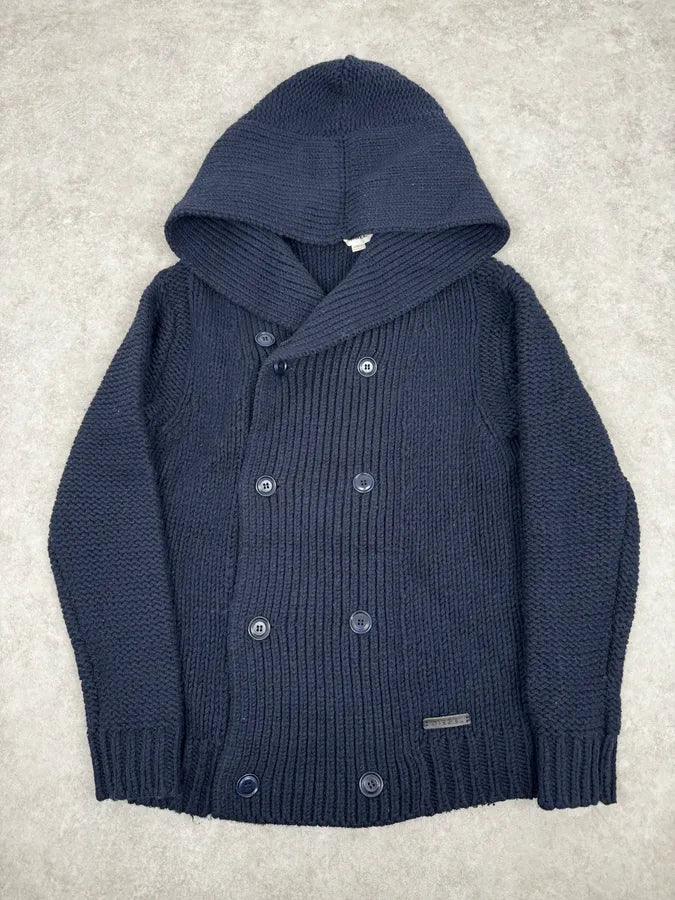 2000s Diesel Navy Wool Buttoned Officer Hooded Sweater DuGAJkR 0