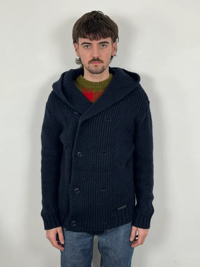 2000s Diesel Navy Wool Buttoned Officer Hooded Sweater DuGAJkR 1