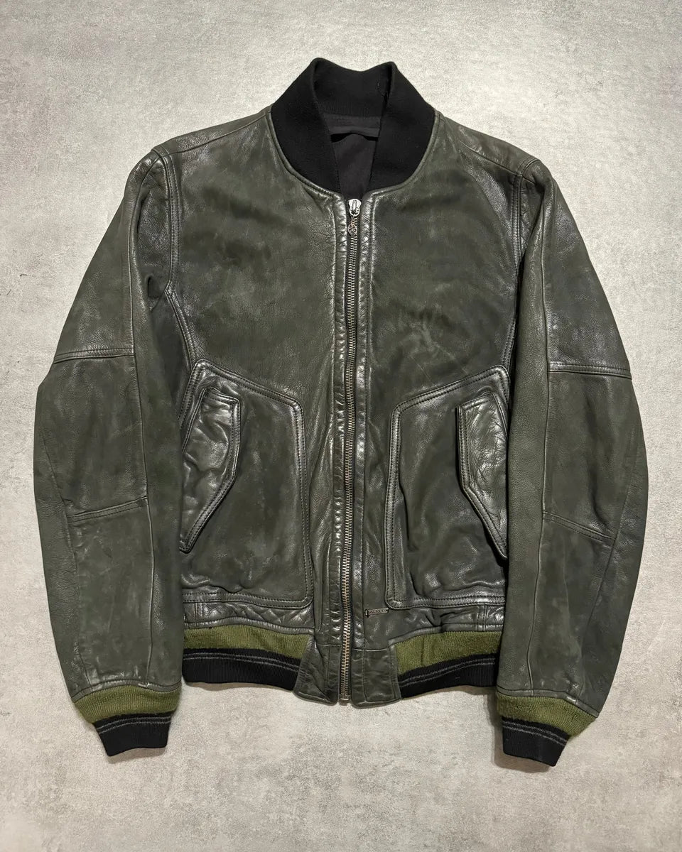2000s Diesel Olive Biker Eroded Polished Leather Jacket wfJUXrn 0