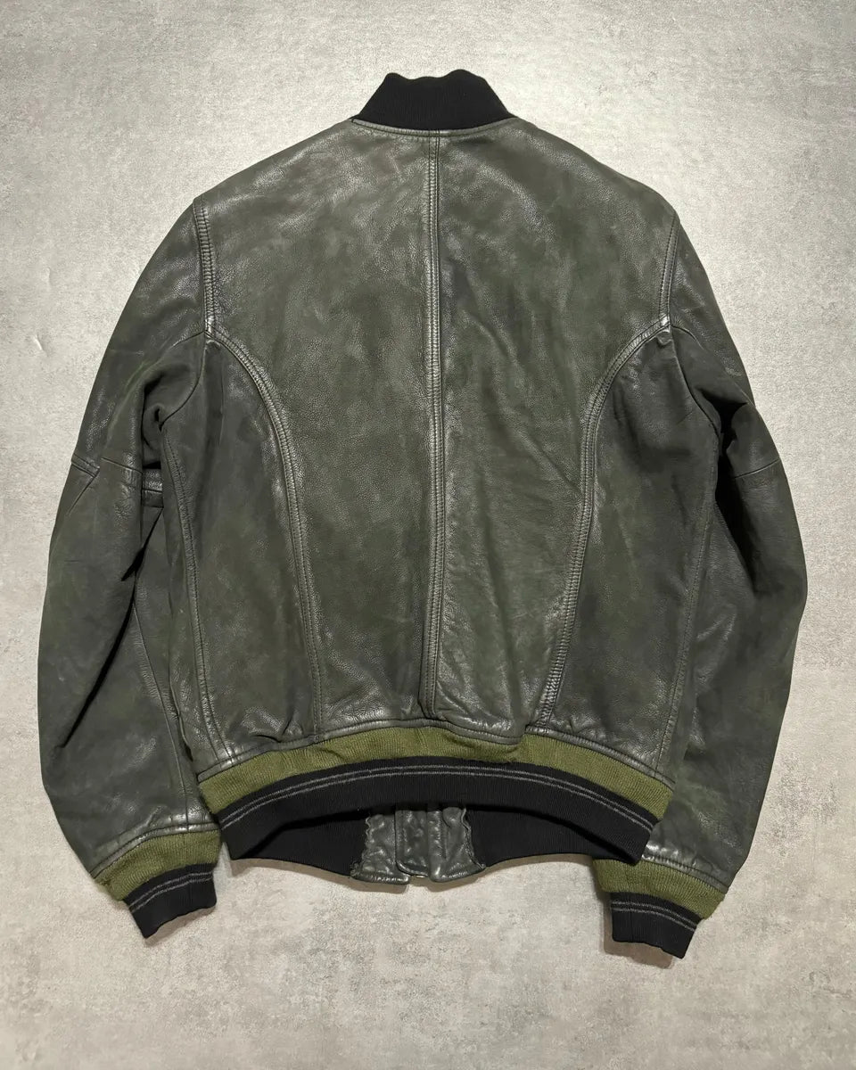 2000s Diesel Olive Biker Eroded Polished Leather Jacket wfJUXrn 1