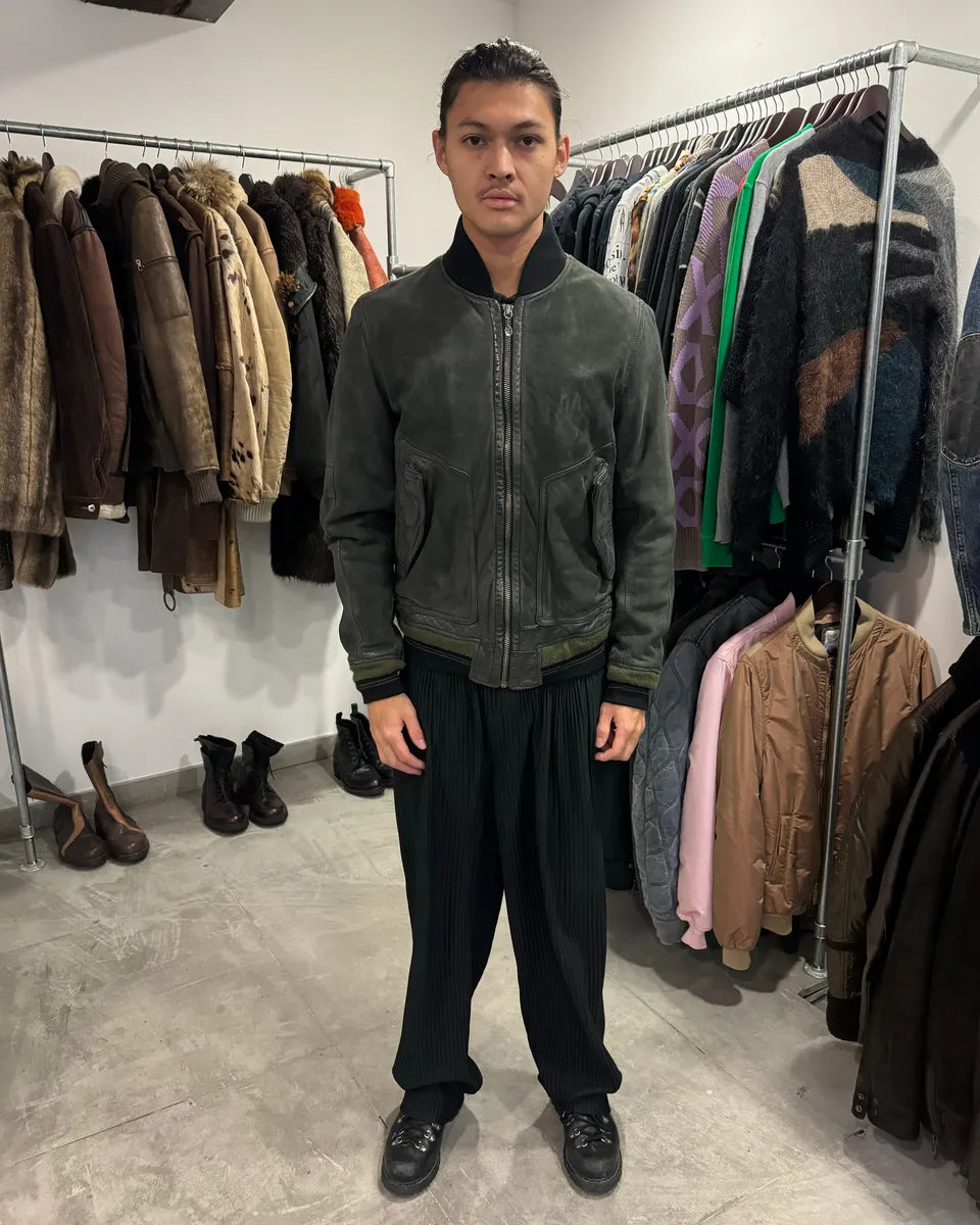 2000s Diesel Olive Biker Eroded Polished Leather Jacket wfJUXrn 10