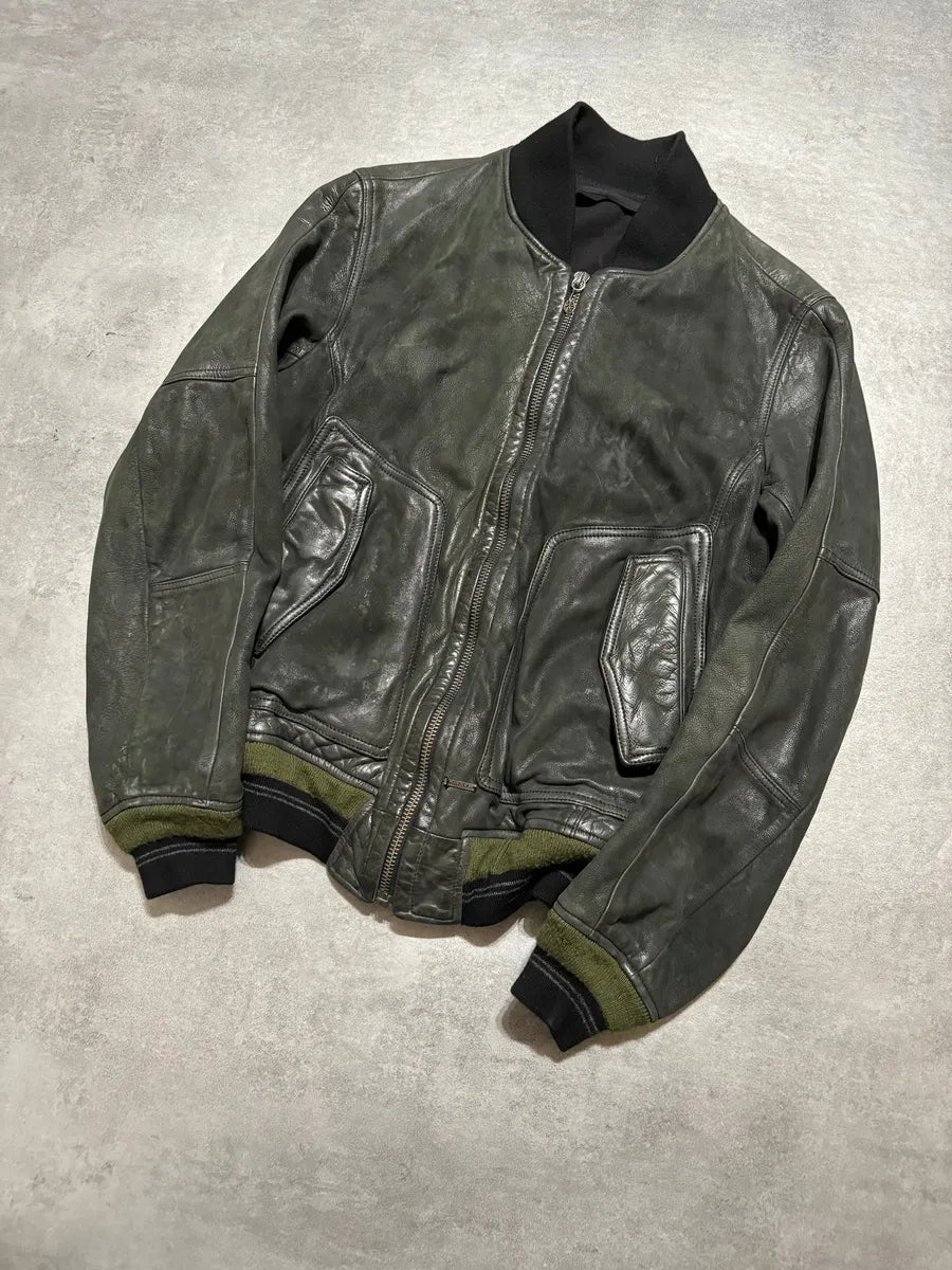2000s Diesel Olive Biker Eroded Polished Leather Jacket wfJUXrn 2
