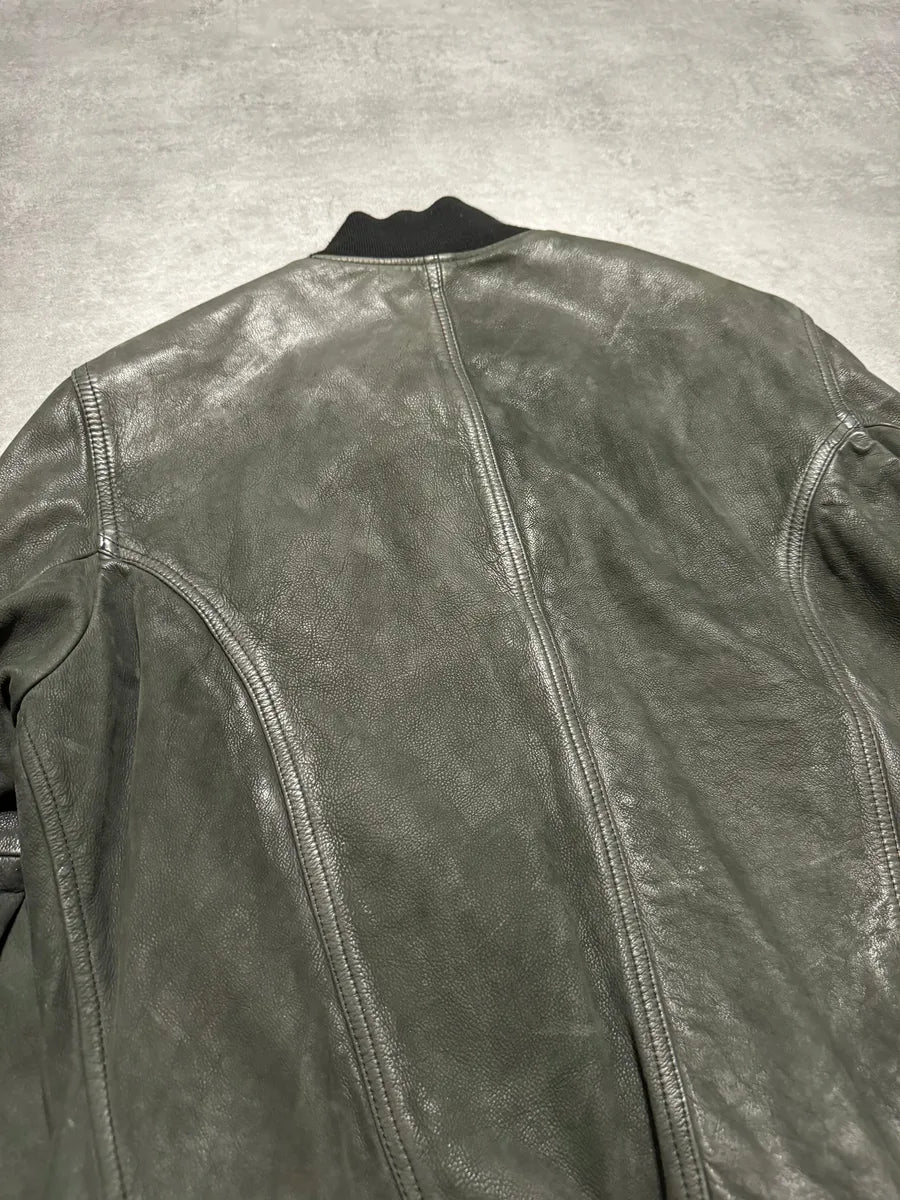2000s Diesel Olive Biker Eroded Polished Leather Jacket wfJUXrn 4