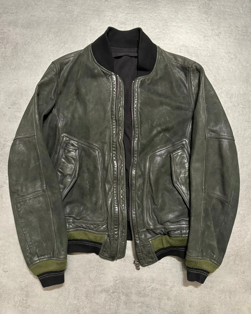2000s Diesel Olive Biker Eroded Polished Leather Jacket wfJUXrn 6