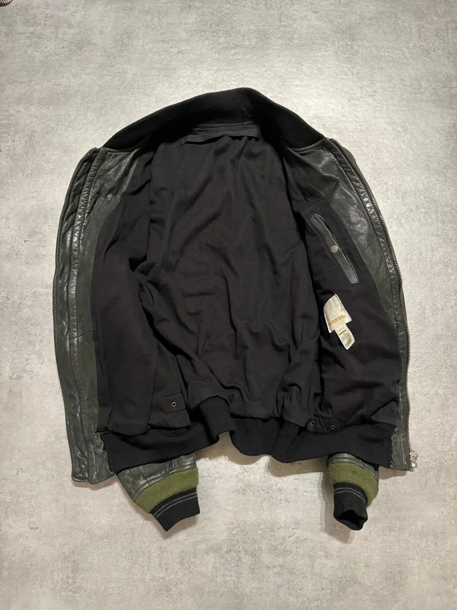 2000s Diesel Olive Biker Eroded Polished Leather Jacket wfJUXrn 7