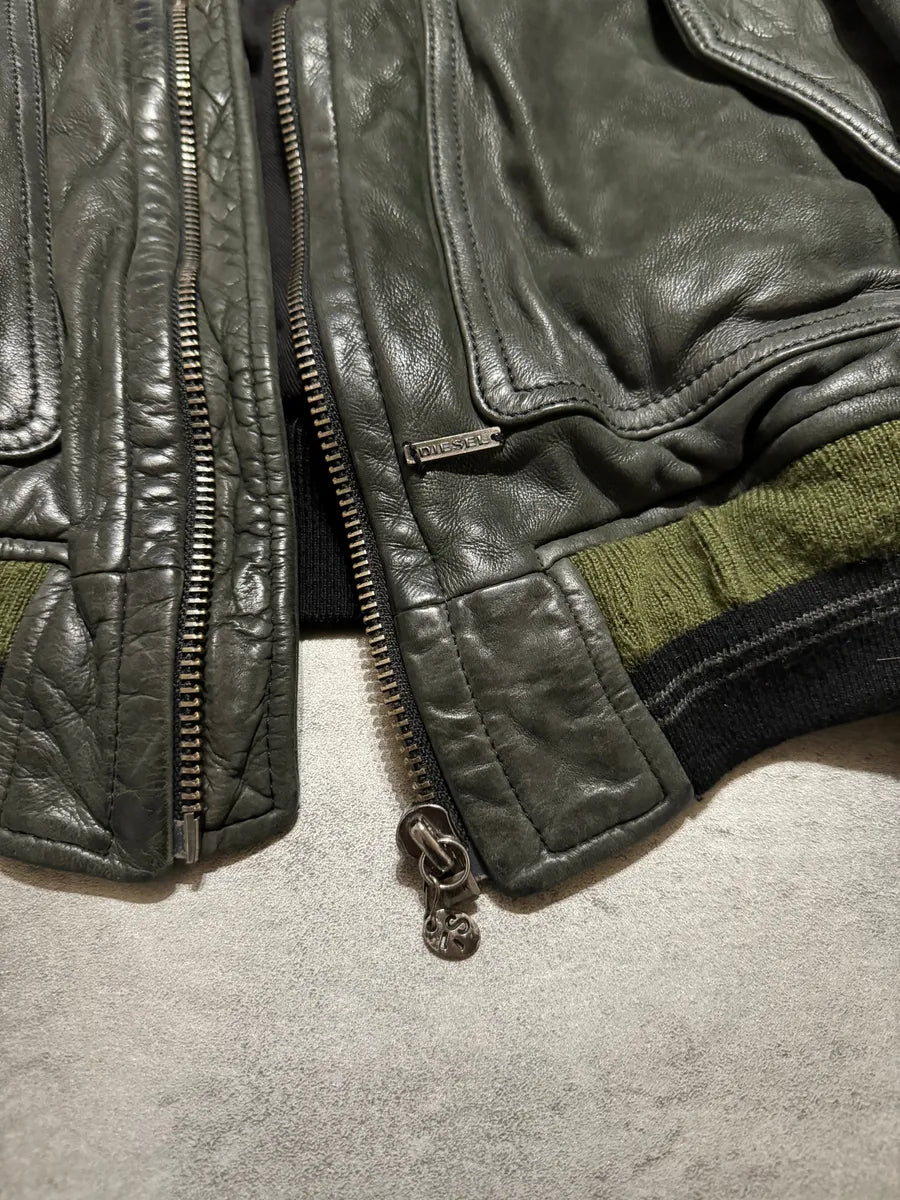 2000s Diesel Olive Biker Eroded Polished Leather Jacket wfJUXrn 8