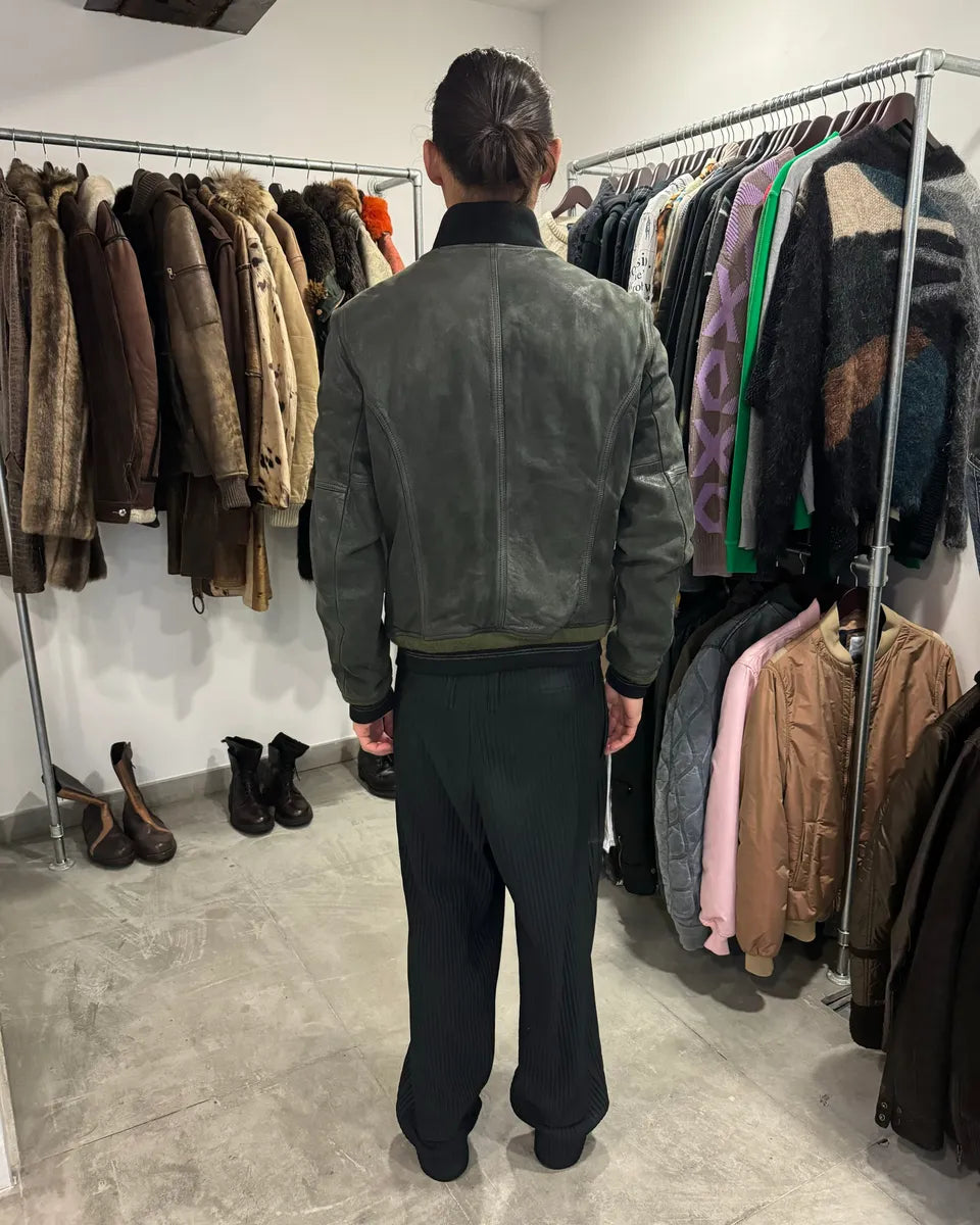 2000s Diesel Olive Biker Eroded Polished Leather Jacket wfJUXrn 9