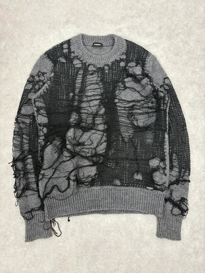2000s Diesel Spiderweb Destroyed Grey Wool Sweater abZtlNo 0