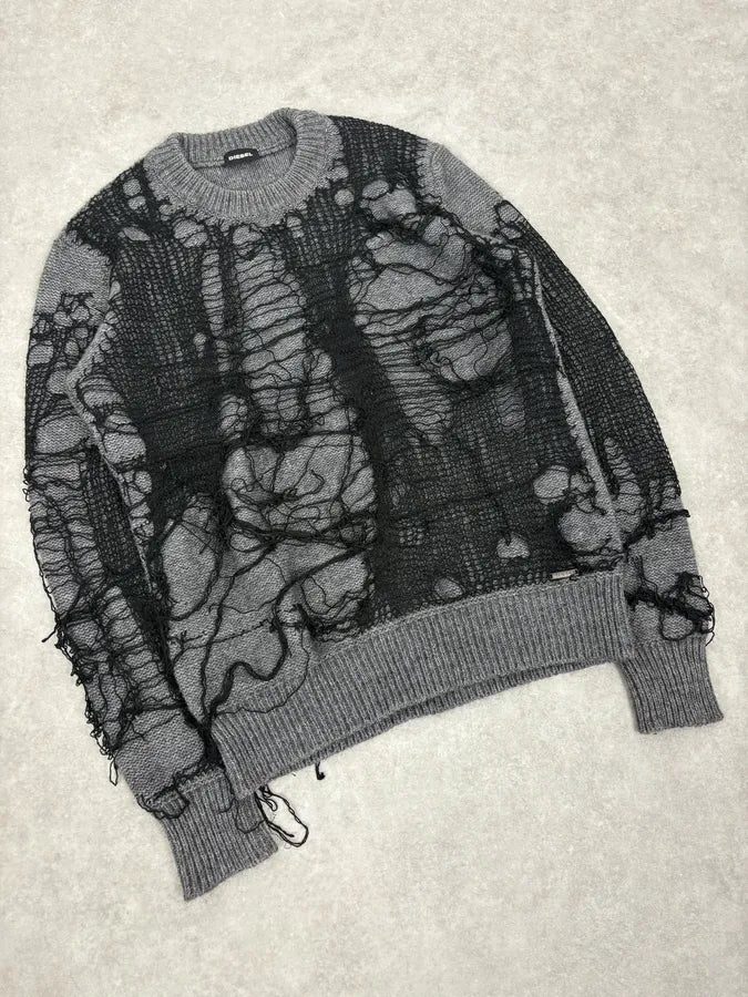 2000s Diesel Spiderweb Destroyed Grey Wool Sweater abZtlNo 3