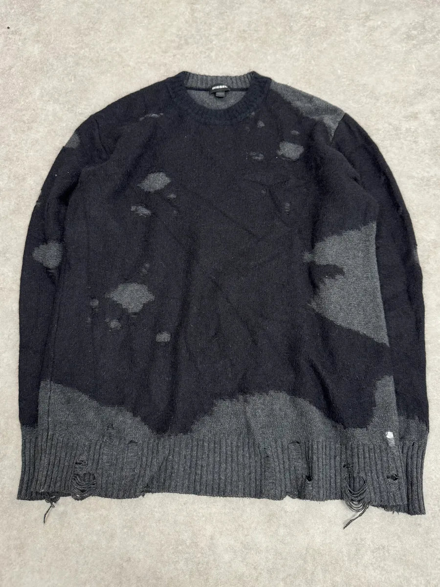 2000s Diesel Spiderweb Destroyed Grey Wool Sweater VZJoDeU 0