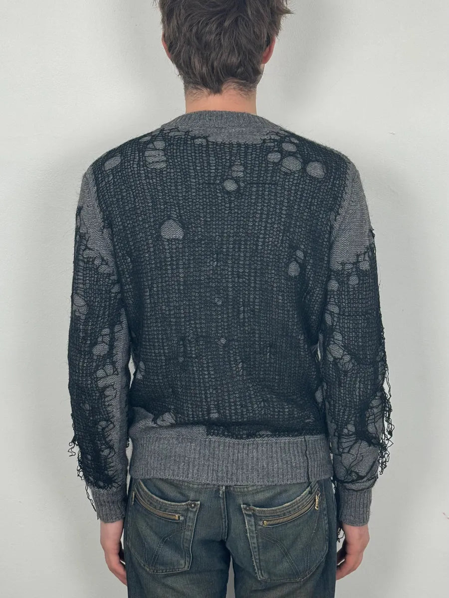 2000s Diesel Spiderweb Destroyed Grey Wool Sweater abZtlNo 2