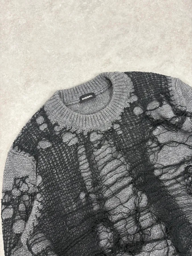 2000s Diesel Spiderweb Destroyed Grey Wool Sweater abZtlNo 4