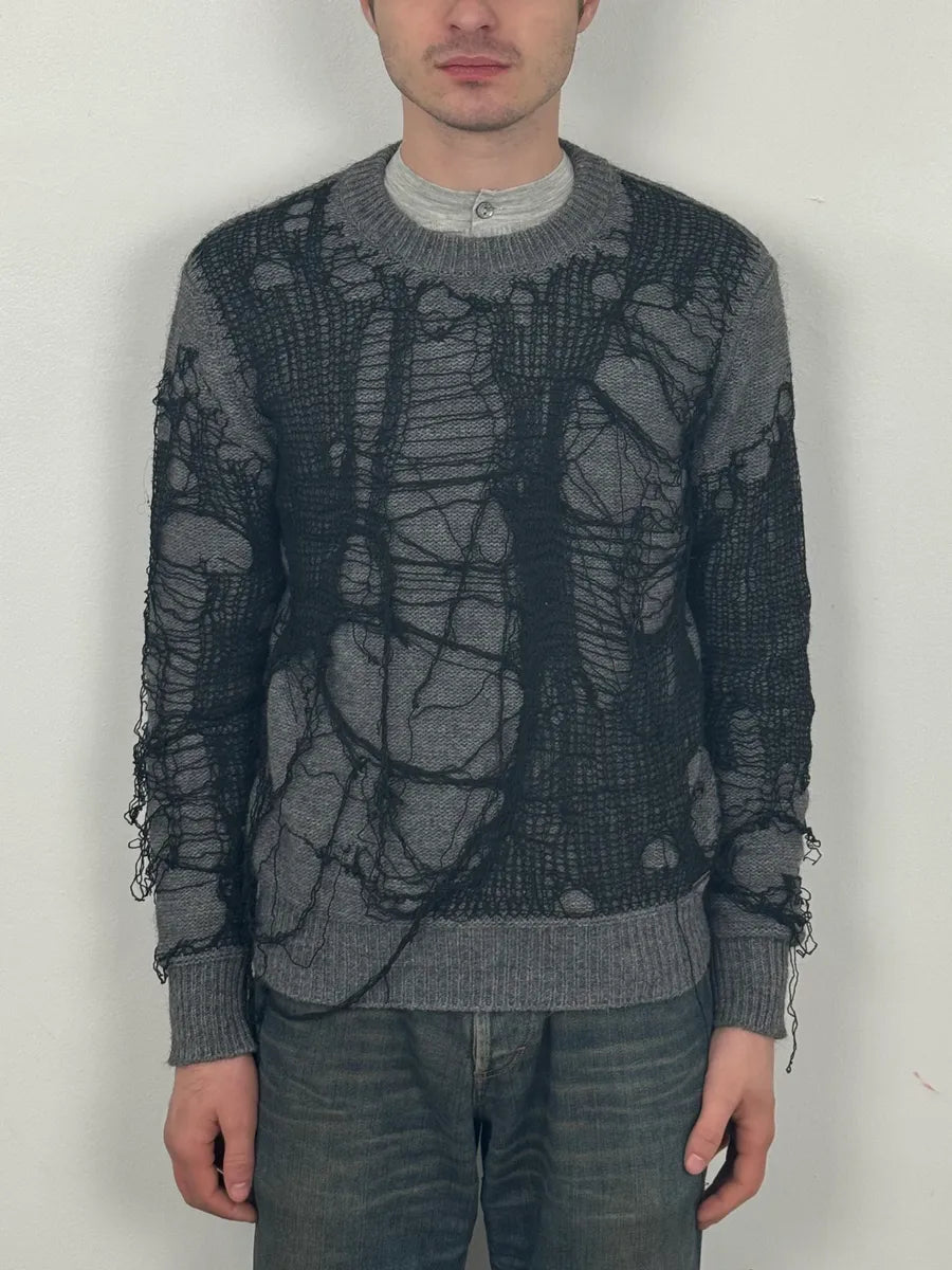 2000s Diesel Spiderweb Destroyed Grey Wool Sweater abZtlNo 1