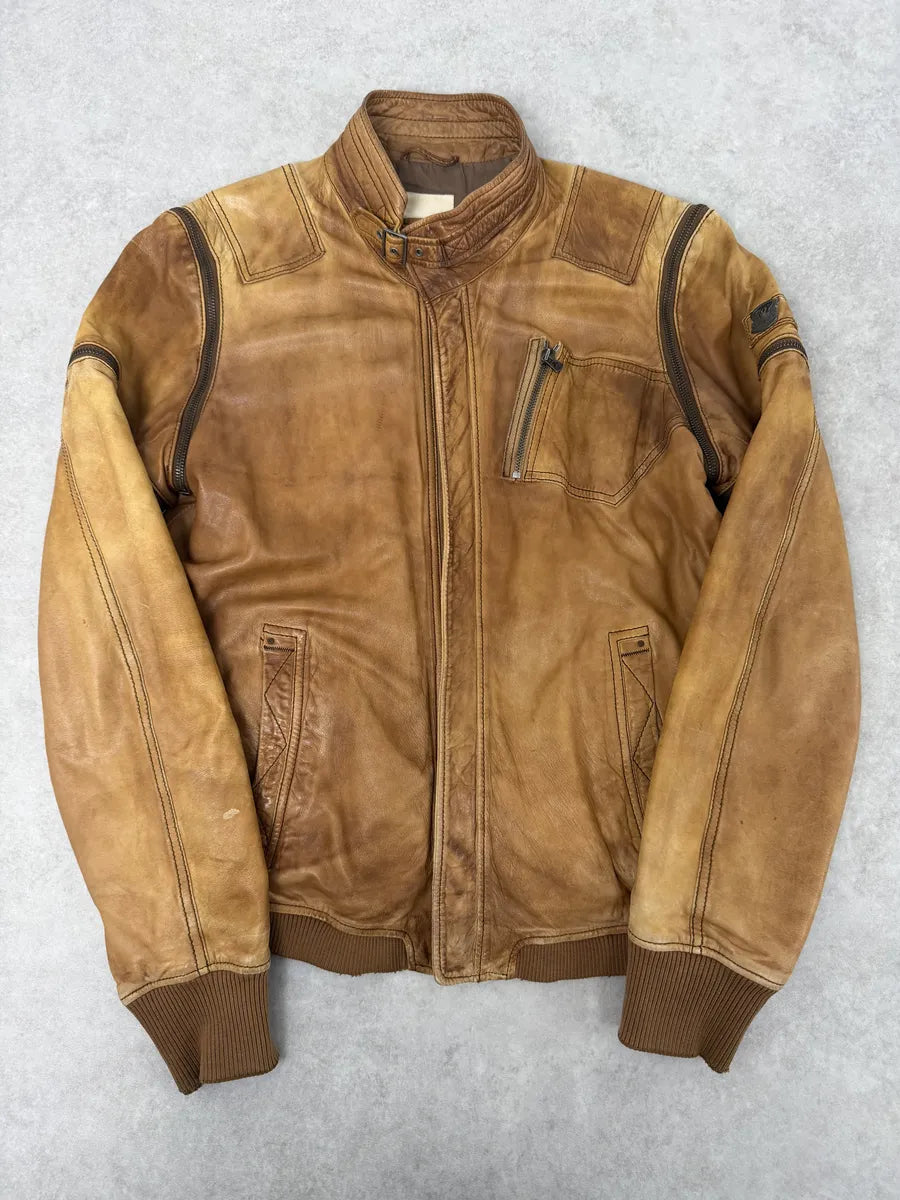 2000s Diesel Sun Faded Brown Multi-Zip Leather Jacket FJfBeNR 0
