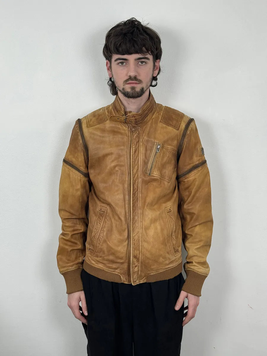 2000s Diesel Sun Faded Brown Multi-Zip Leather Jacket FJfBeNR 1