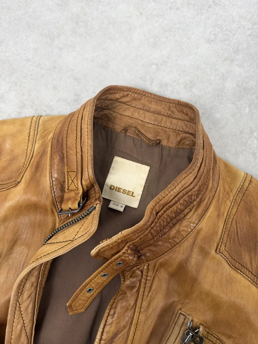 2000s Diesel Sun Faded Brown Multi-Zip Leather Jacket FJfBeNR 10