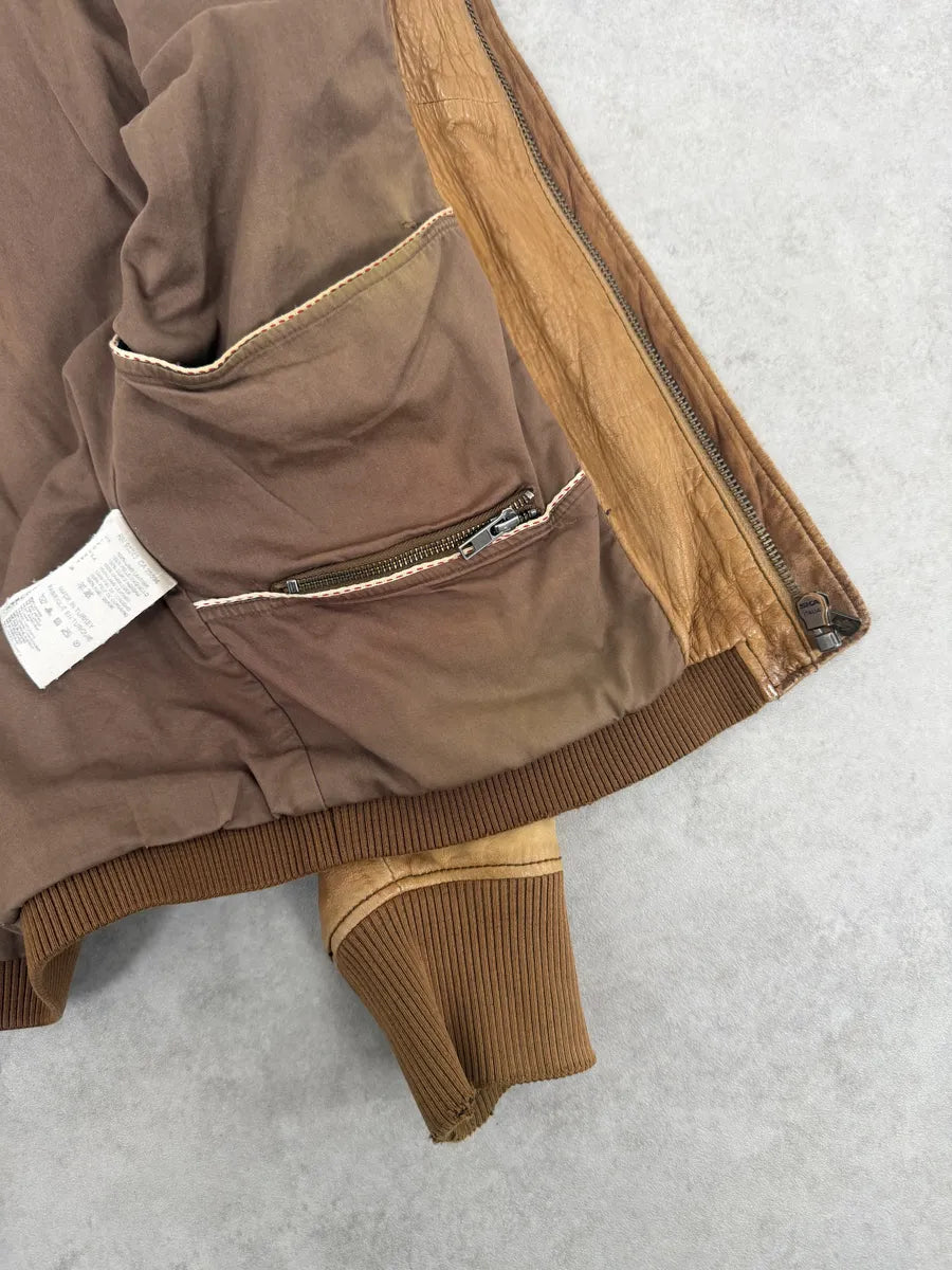 2000s Diesel Sun Faded Brown Multi-Zip Leather Jacket FJfBeNR 11