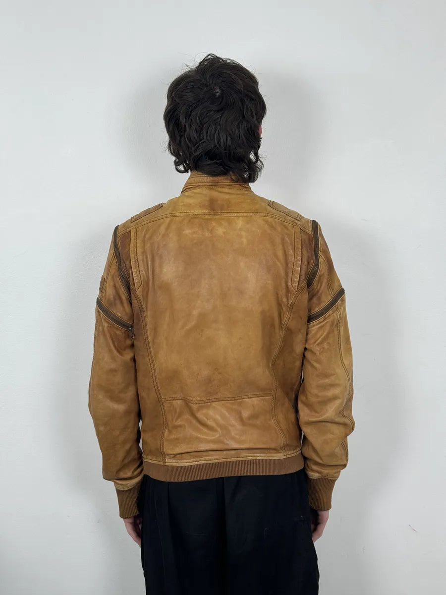 2000s Diesel Sun Faded Brown Multi-Zip Leather Jacket FJfBeNR 2