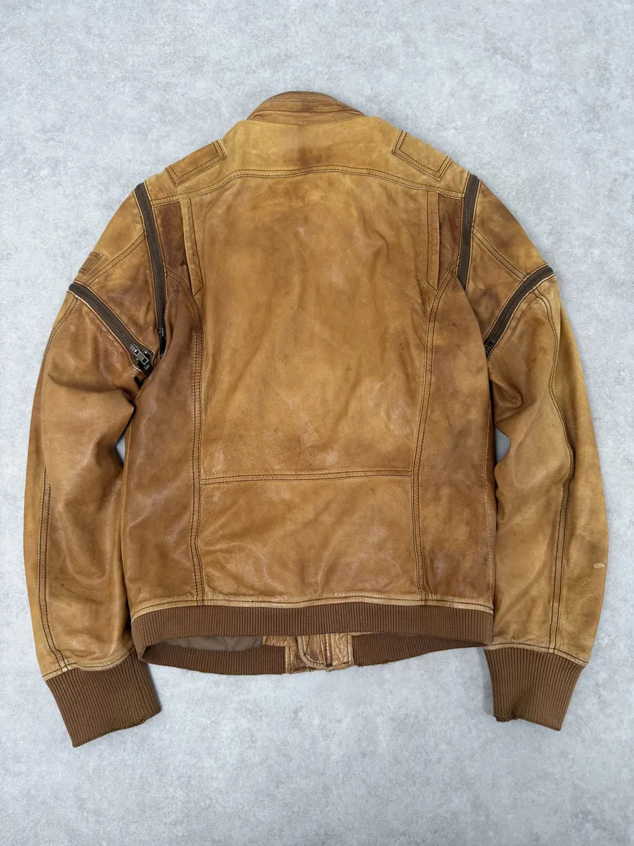 2000s Diesel Sun Faded Brown Multi-Zip Leather Jacket FJfBeNR 3