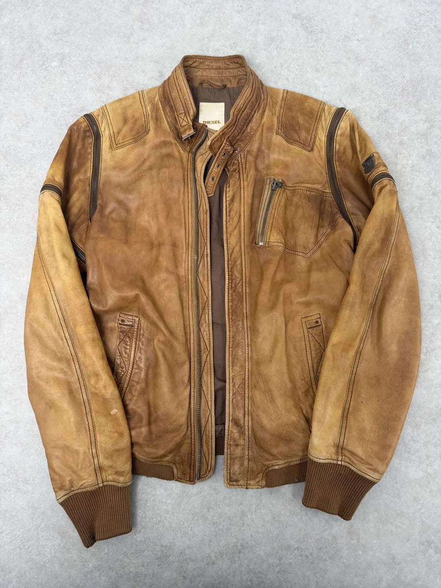 2000s Diesel Sun Faded Brown Multi-Zip Leather Jacket FJfBeNR 4