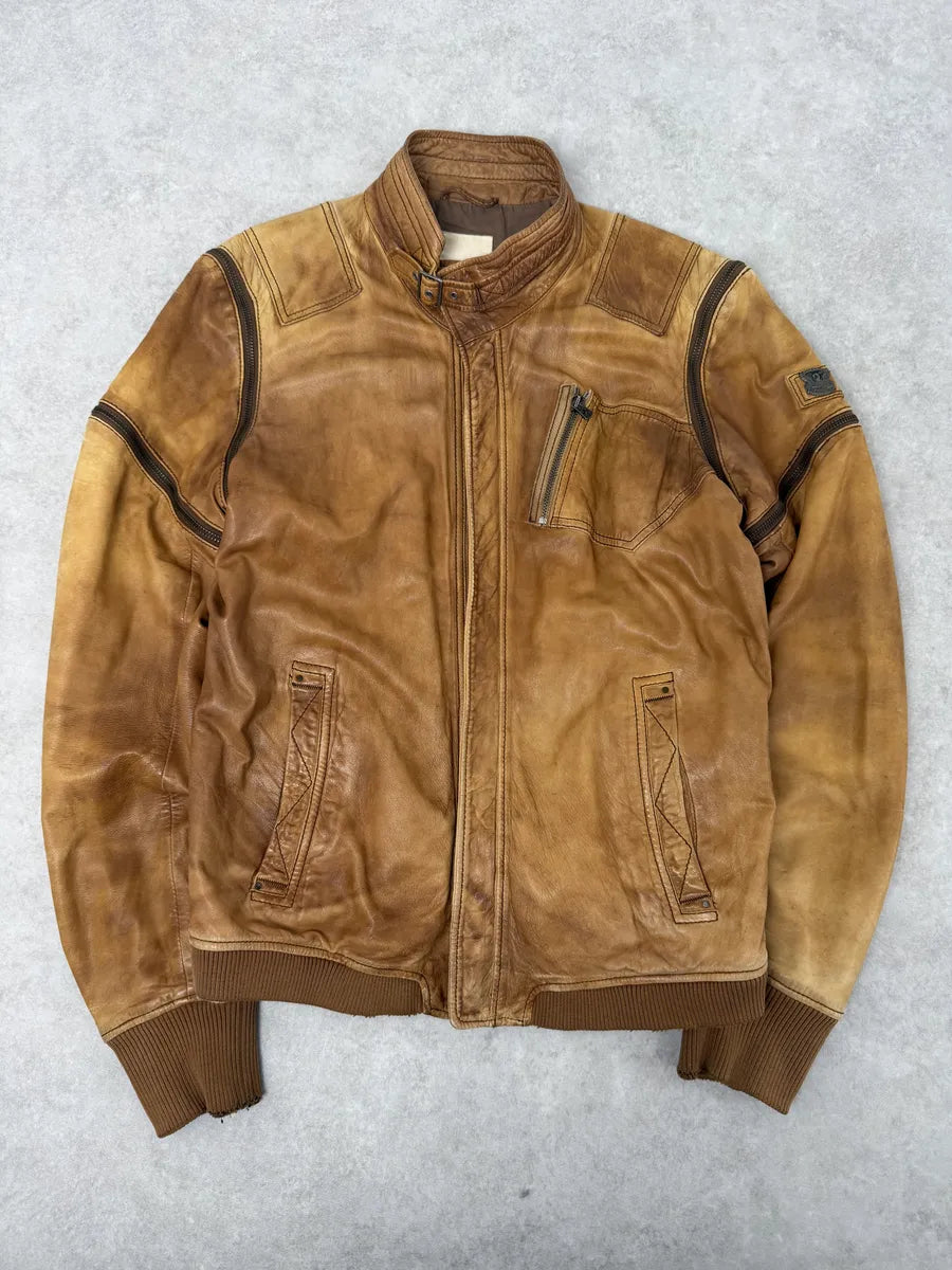 2000s Diesel Sun Faded Brown Multi-Zip Leather Jacket FJfBeNR 5